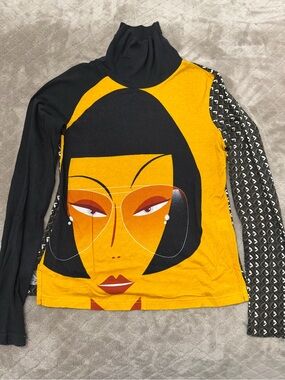 Vintage RARE Custo Barcelona Yellow and Black Graphic Turtleneck Top
